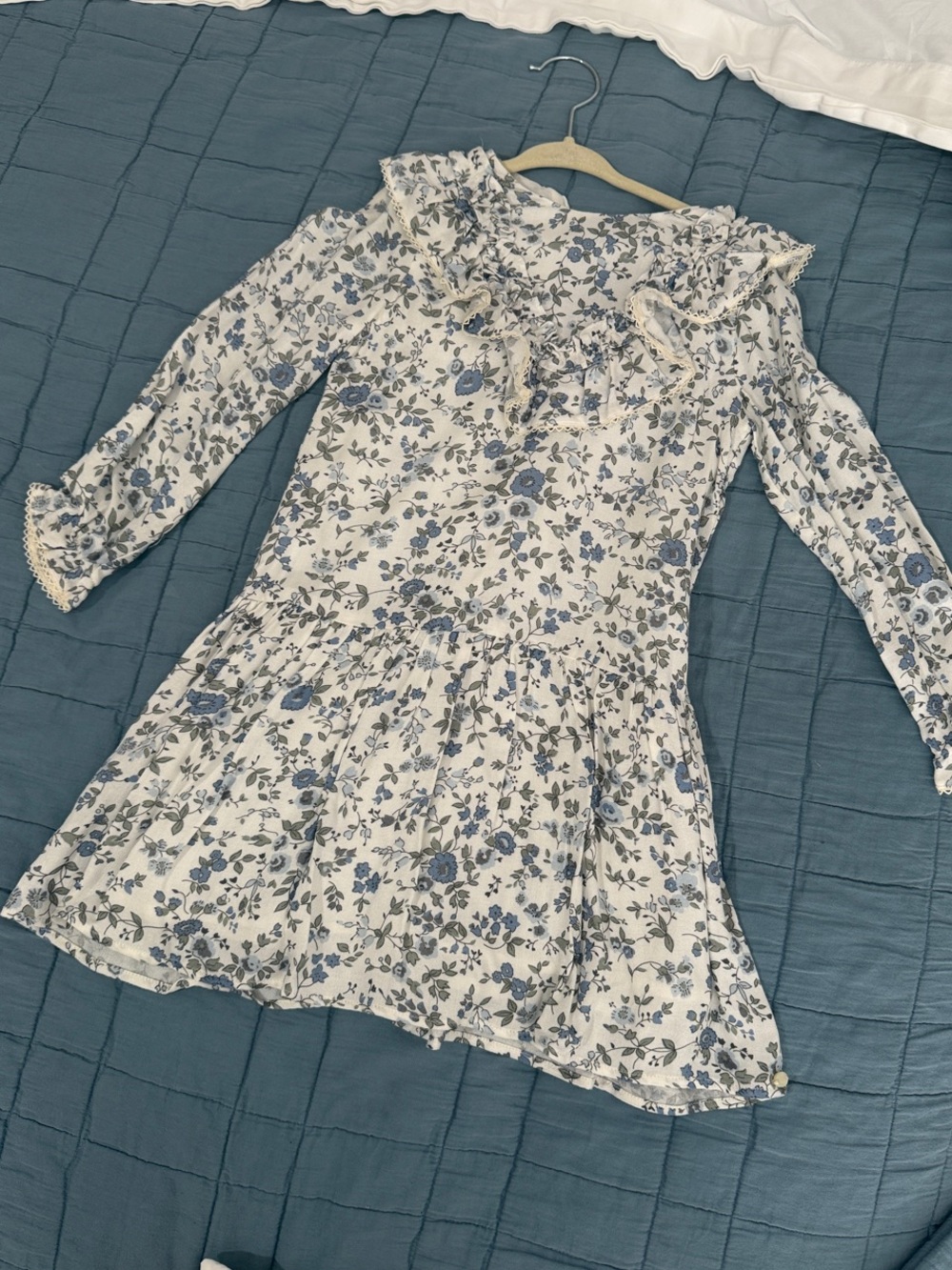 Tartine et Chocolat Cream Dress with Blue Floral Print and Ruffles